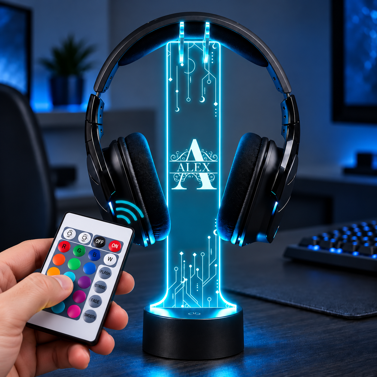RGB remote controlling the personalized LED headphone stand