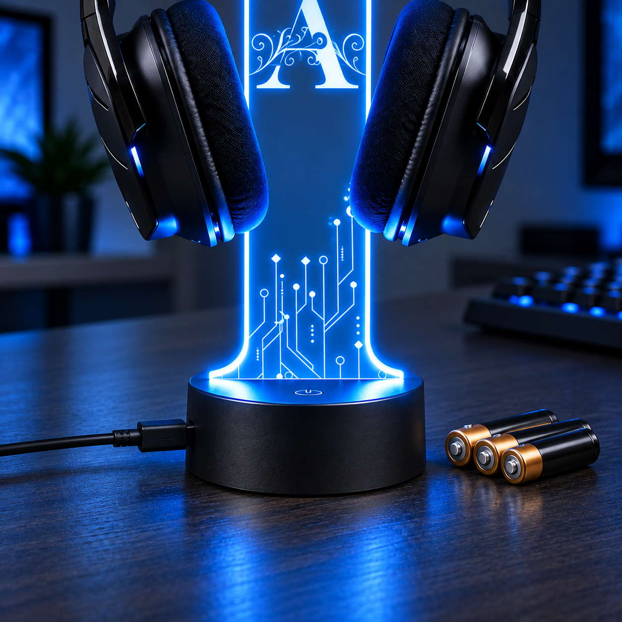 LED base connected by USB with three AA batteries beside it