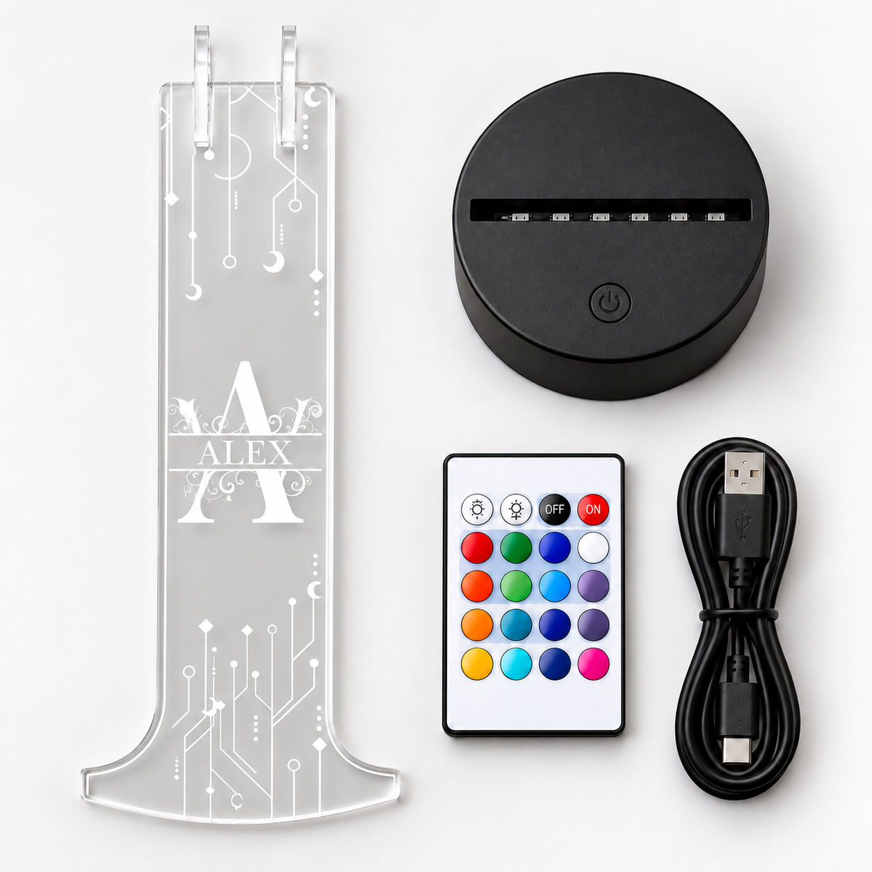 Personalized acrylic panel, LED base, remote, and USB cable