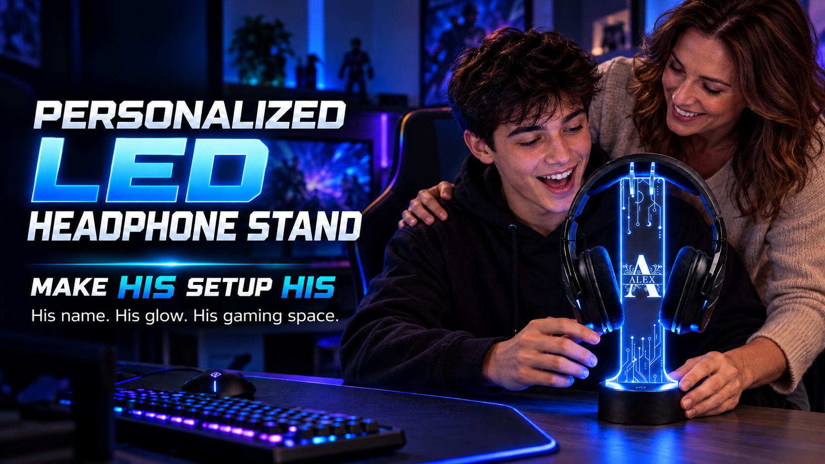 Mother gifting a personalized LED headphone stand to her teen son