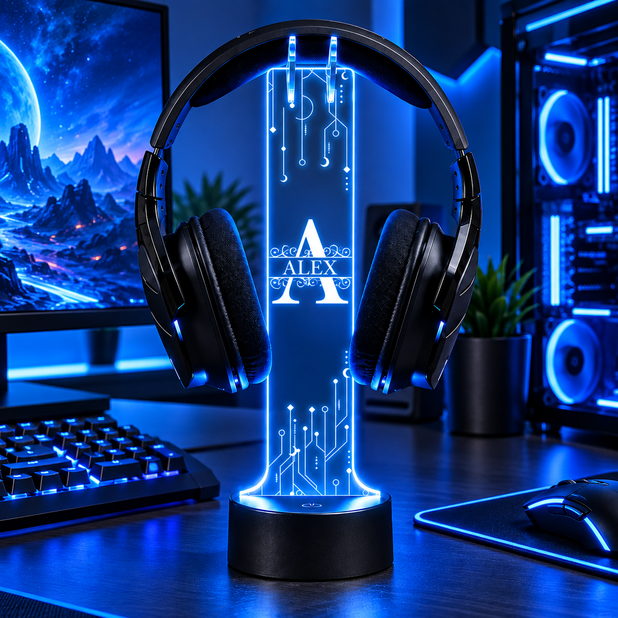 Personalized LED headphone stand in a gaming setup