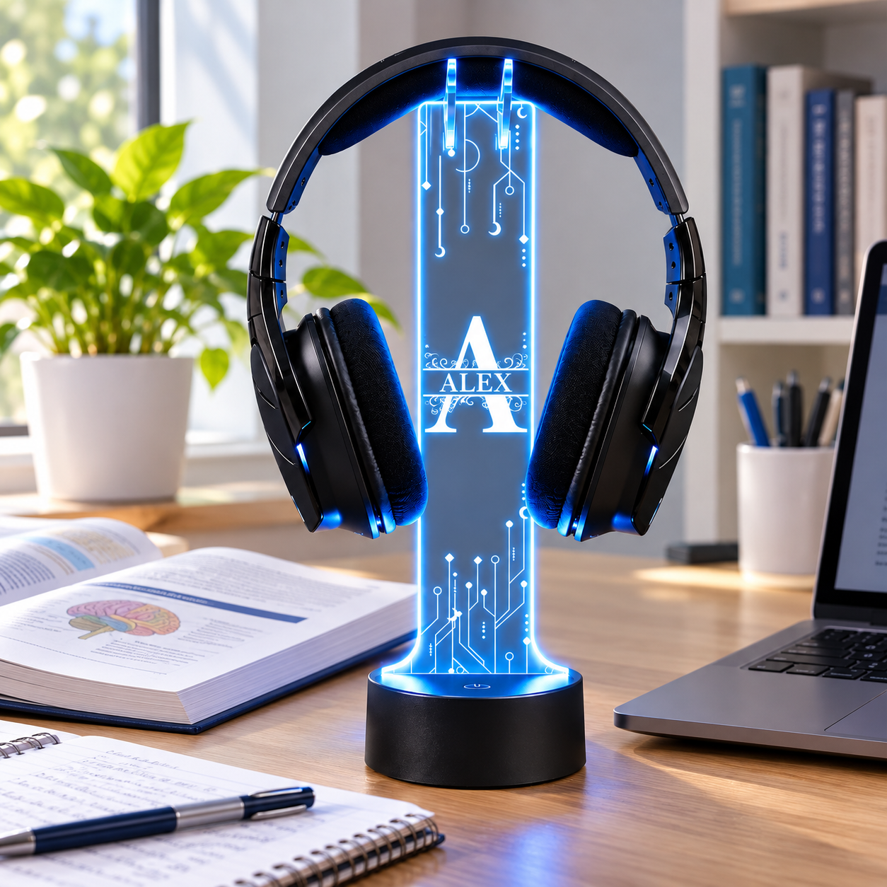 Personalized LED headphone stand on a study desk