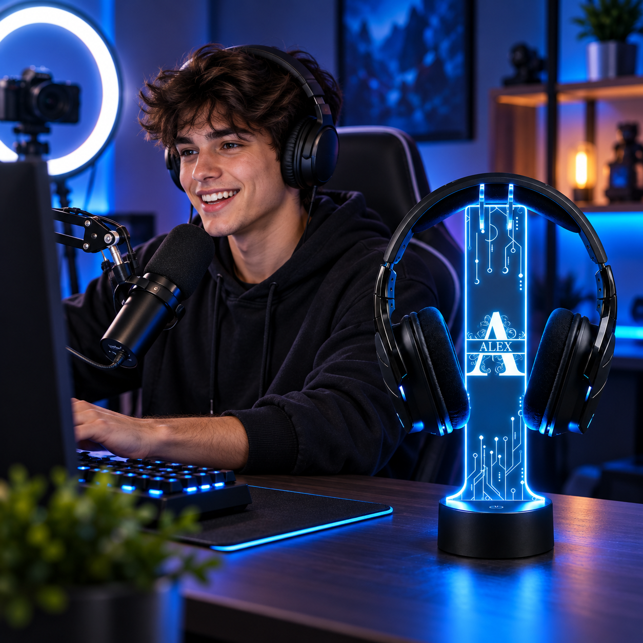 Personalized LED headphone stand in a streaming corner