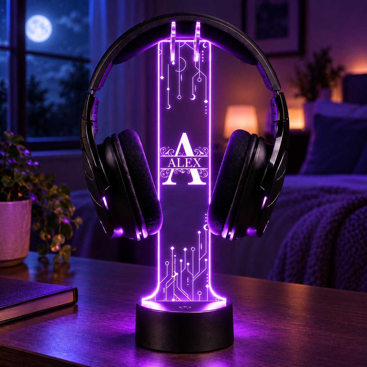 Purple personalized LED headphone stand creating nighttime ambience
