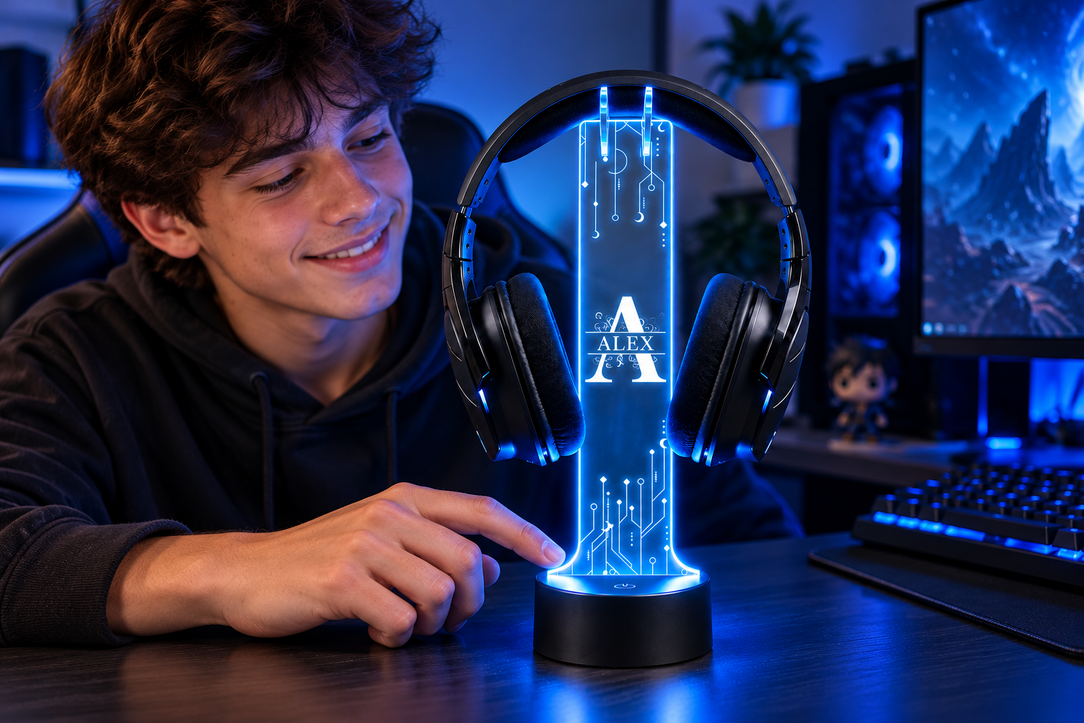 Teen gamer with his personalized ALEX headphone stand