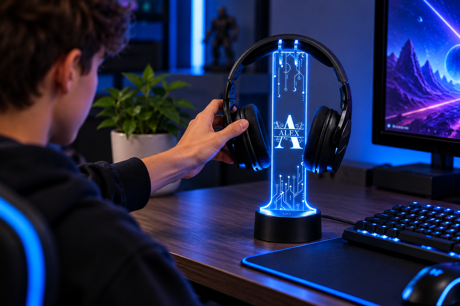 Headphones kept organized and ready on the personalized LED stand