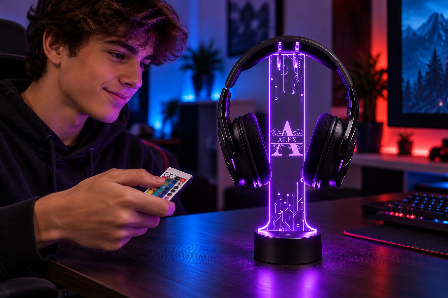 Teen gamer changing the LED stand color with its remote