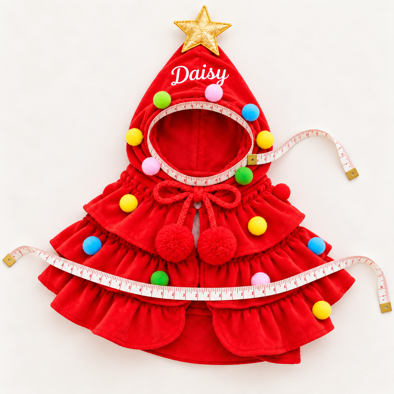 Measuring tape around a personalized pet Christmas cape