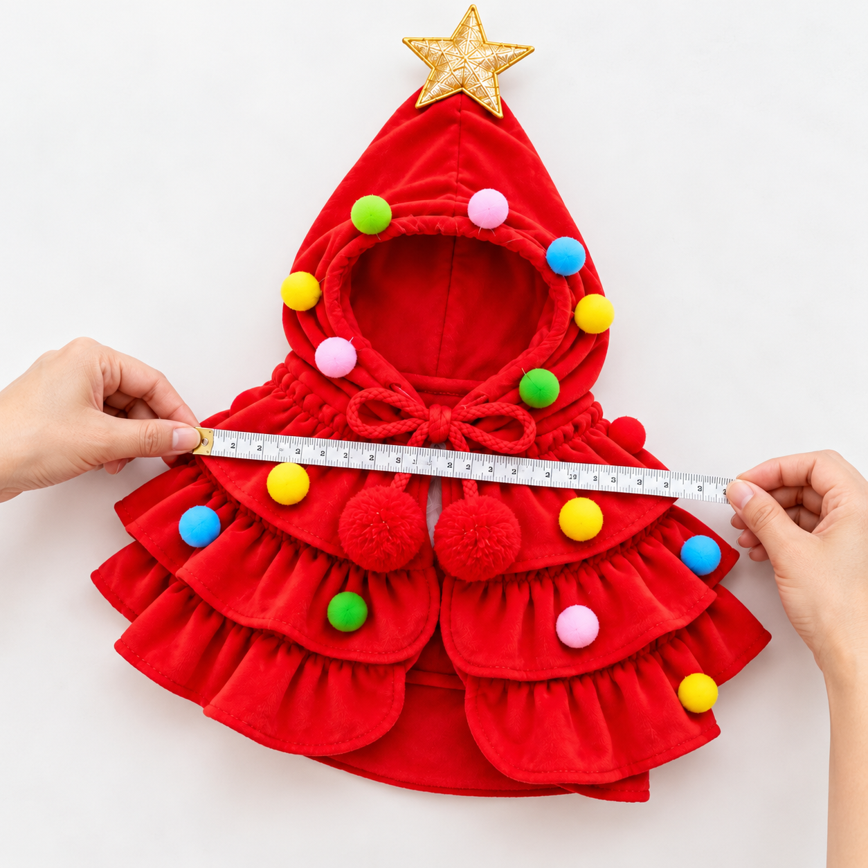 Hands manually measuring a red pet Christmas cape