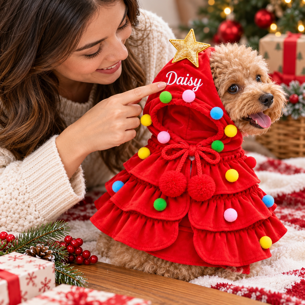 Pet parent reviewing the custom name Daisy on the cape hood