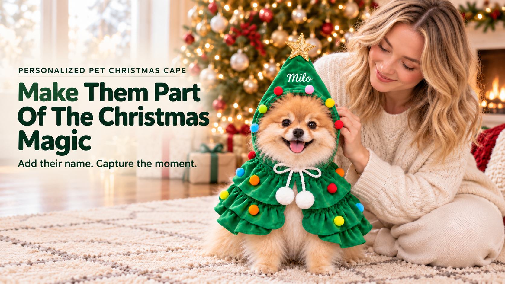 Woman celebrating Christmas with her Pomeranian wearing a personalized green Christmas cape