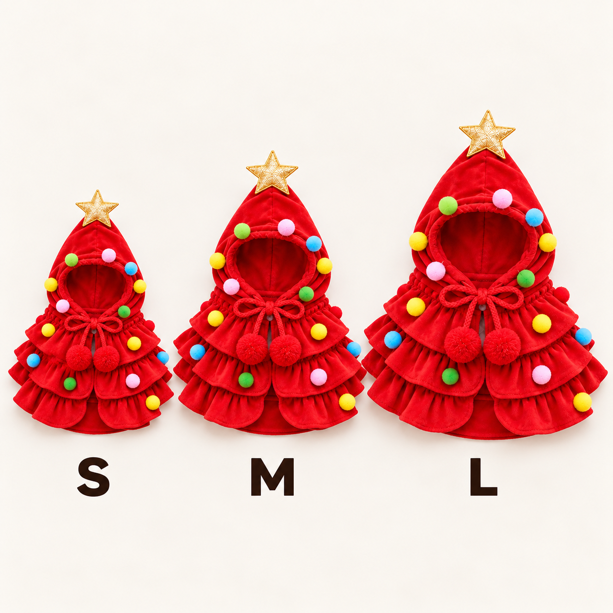 Red pet Christmas cape shown in small medium and large sizes