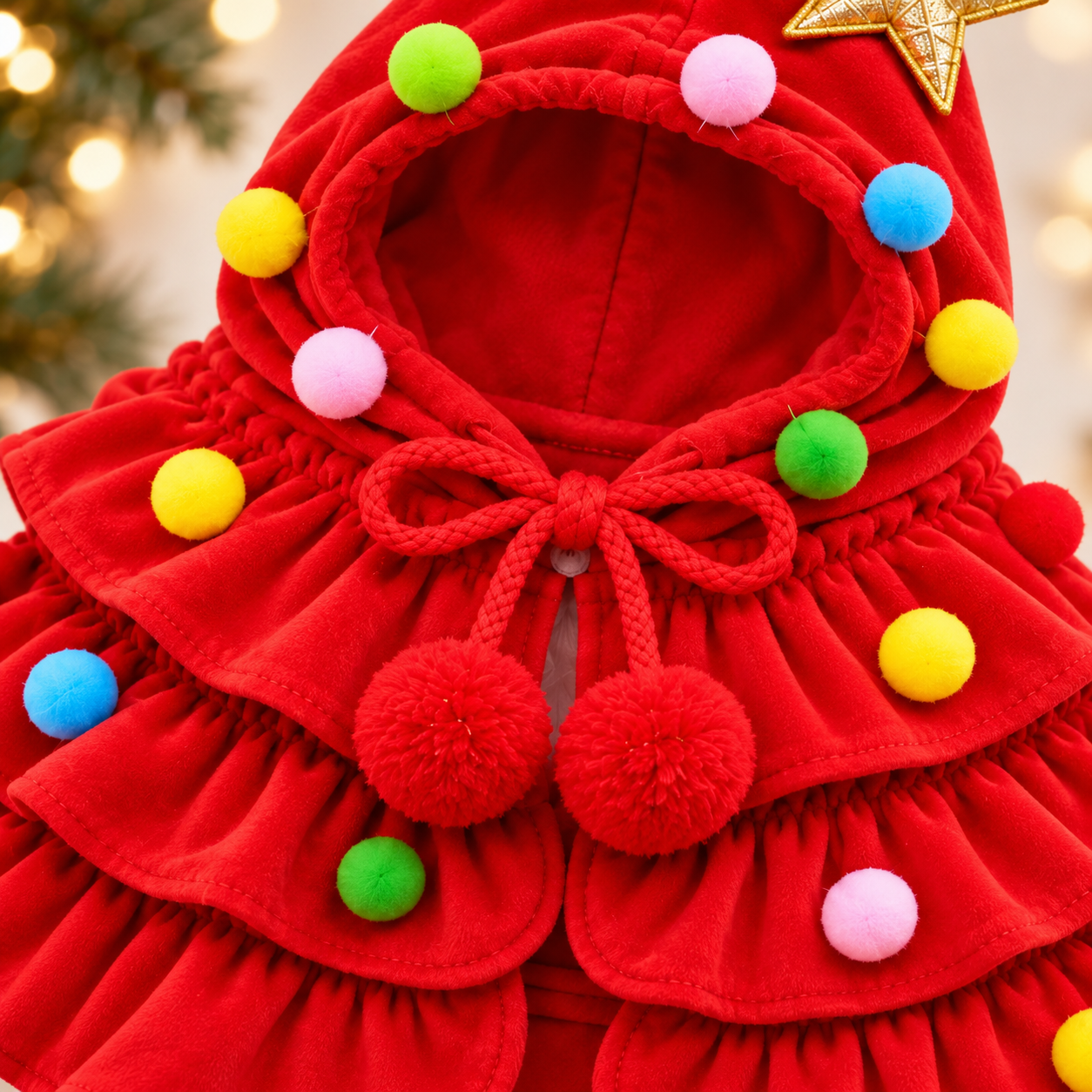Close-up of the layered cape panels colorful pom-poms and tie closure