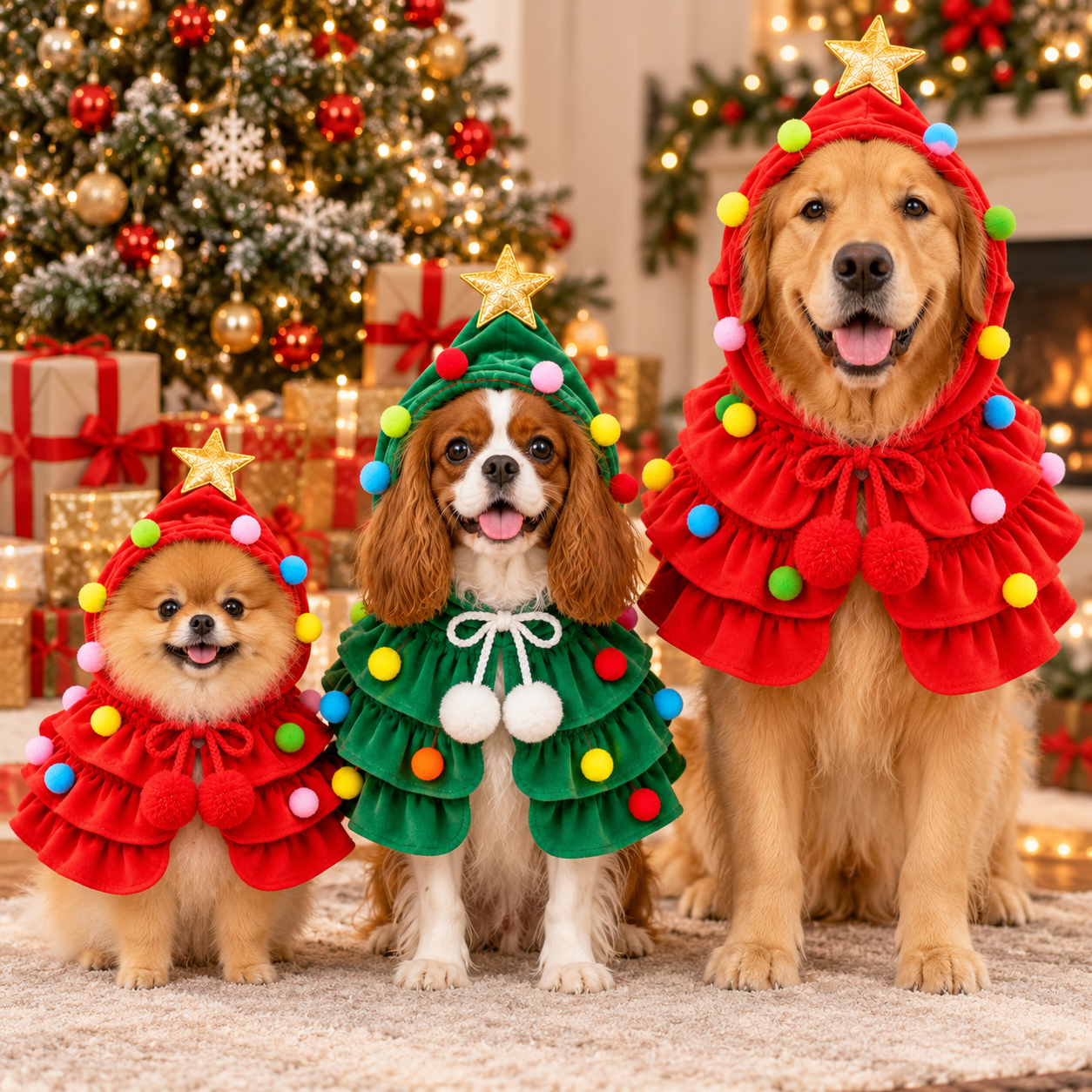Three differently sized pets wearing red and green personalized Christmas capes