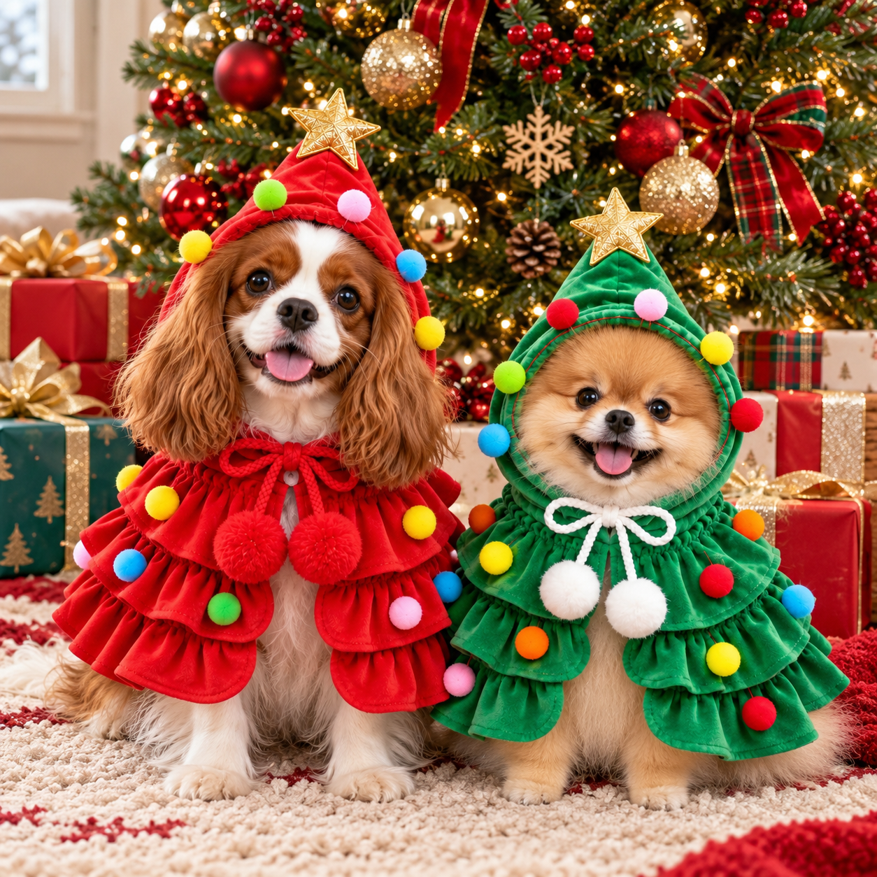 Pets in personalized Christmas capes beside the Christmas tree