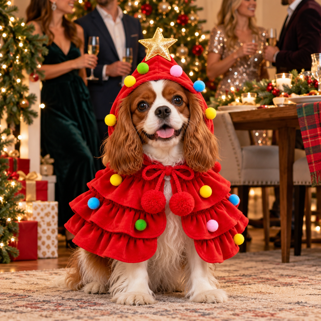 Dog wearing a red personalized cape at a Christmas party