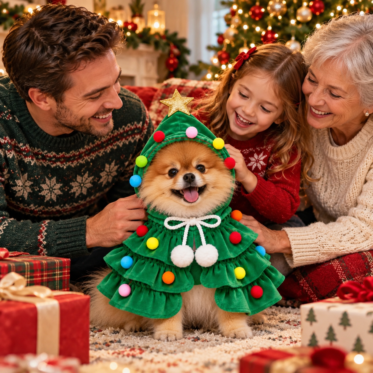 Family gathering around a dog wearing a green personalized Christmas cape