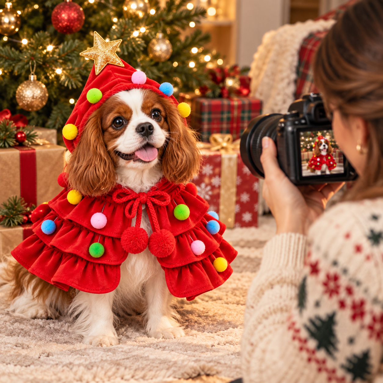 Woman photographing a dog wearing a red personalized Christmas cape
