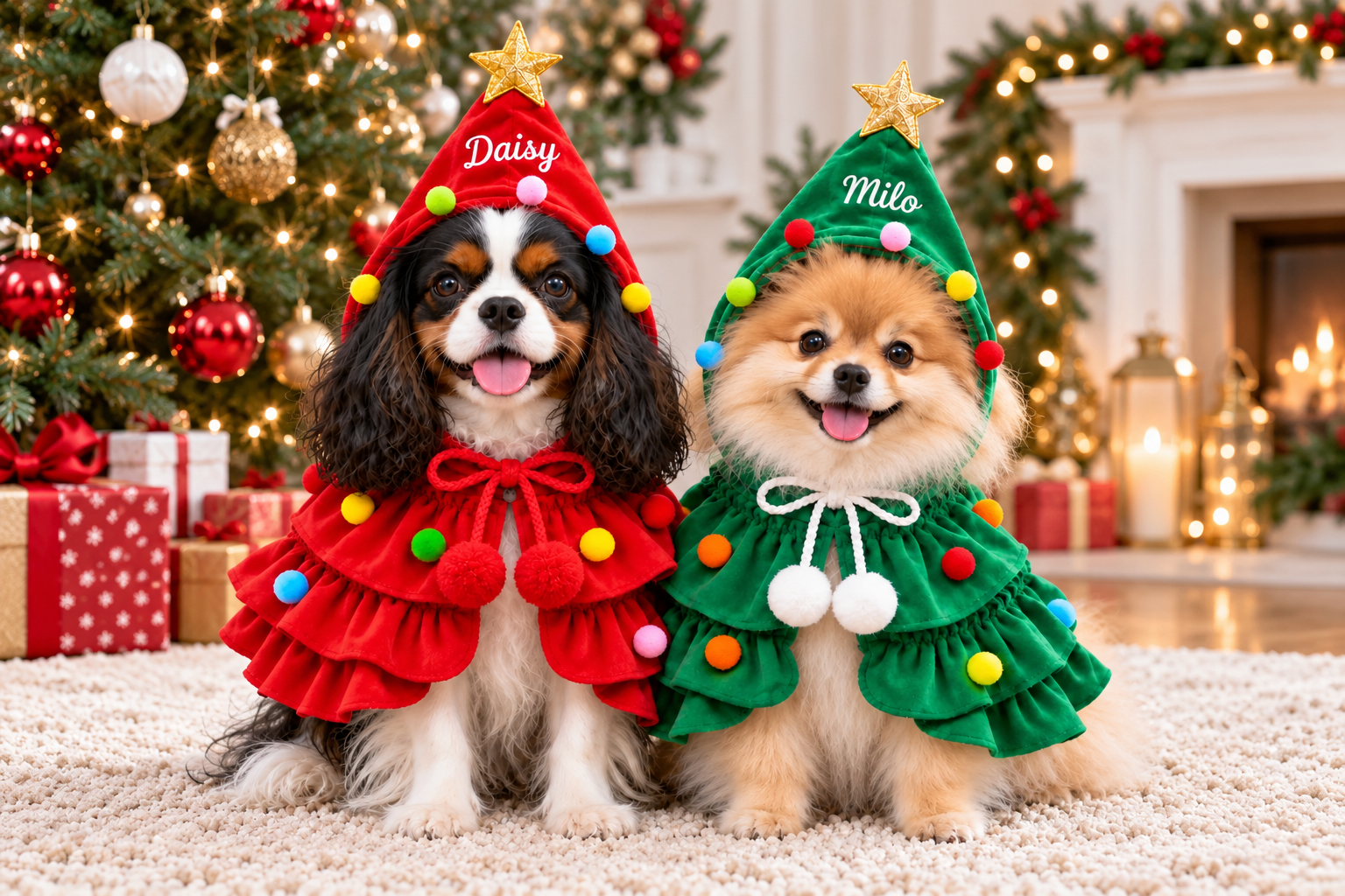 Two pets in personalized red and green Christmas capes