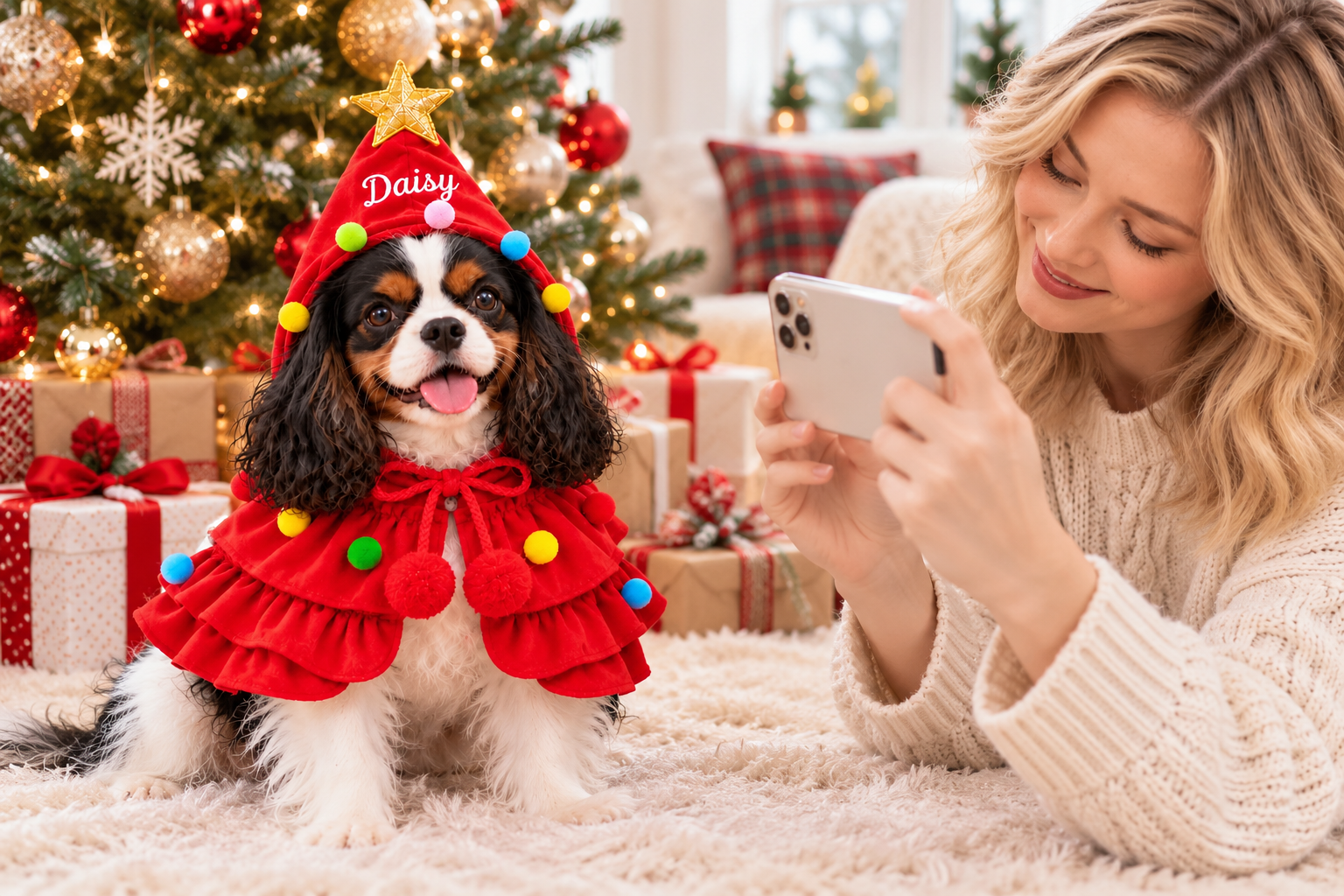 Pet parent photographing a dog in a personalized red Christmas cape