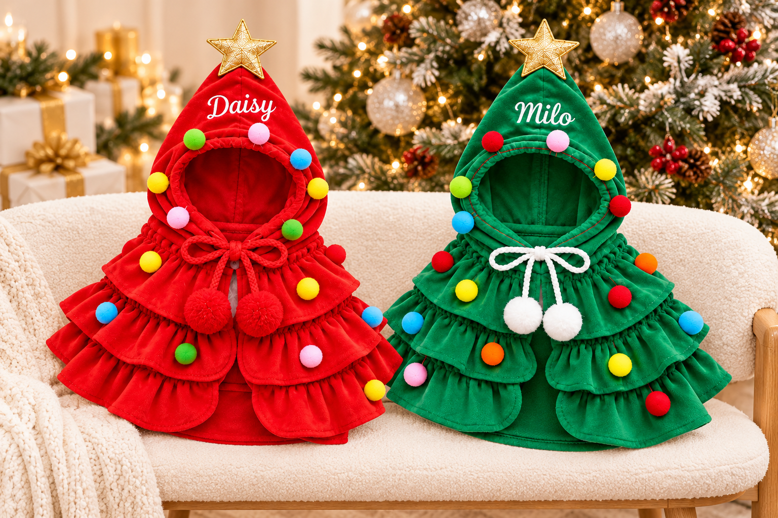 Red and green personalized pet Christmas cape color options